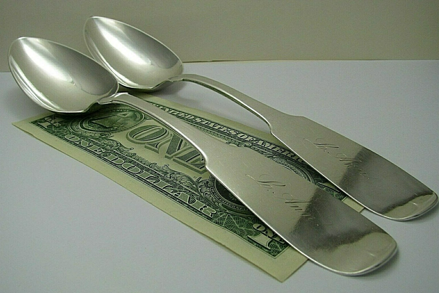 2 COIN SILVER SPOONS SERVING SPOONS by Philo Dubois Buffalo NY c1845 Mono L. Ann