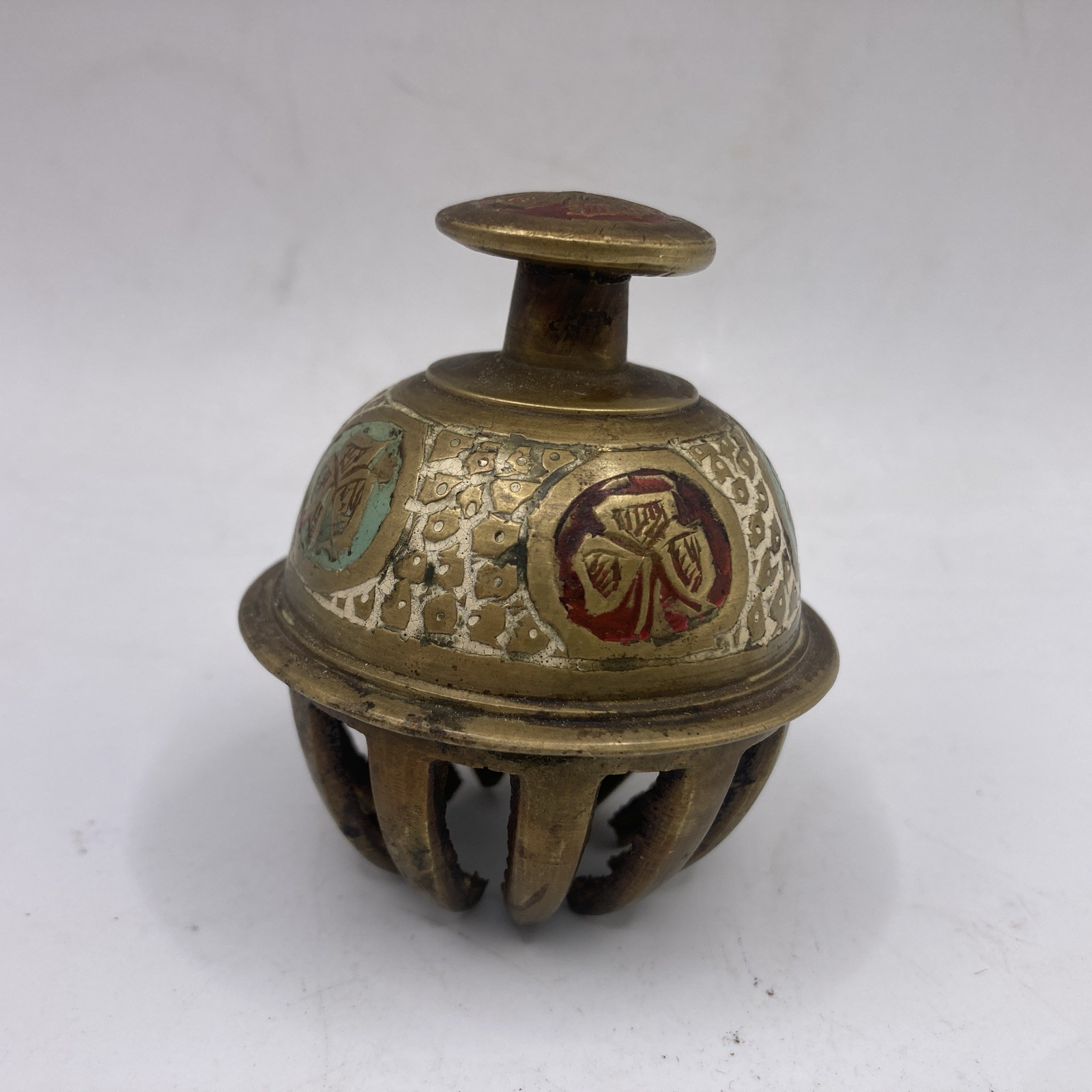 Vintage Brass India Elephant Claw Temple Bell Painted Enamel Patina 2.5”
