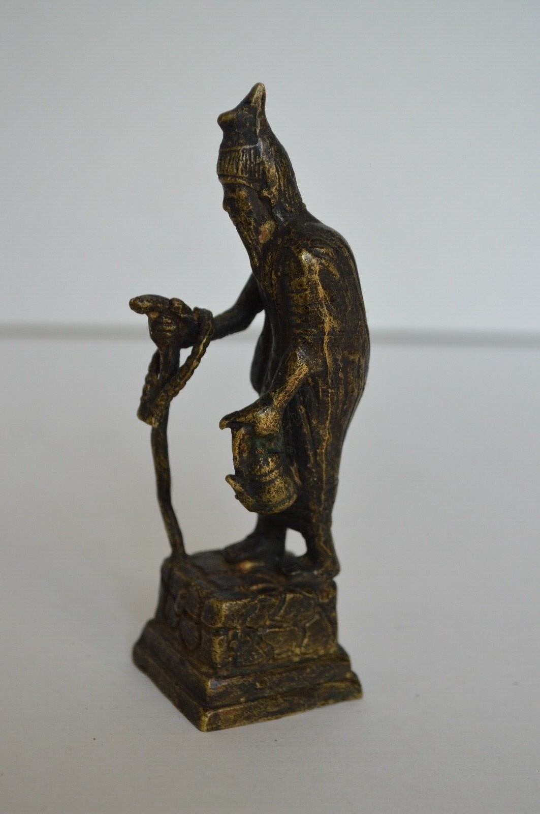 Antique Bronze Chinese Statue Man Using Snake As A Kane.