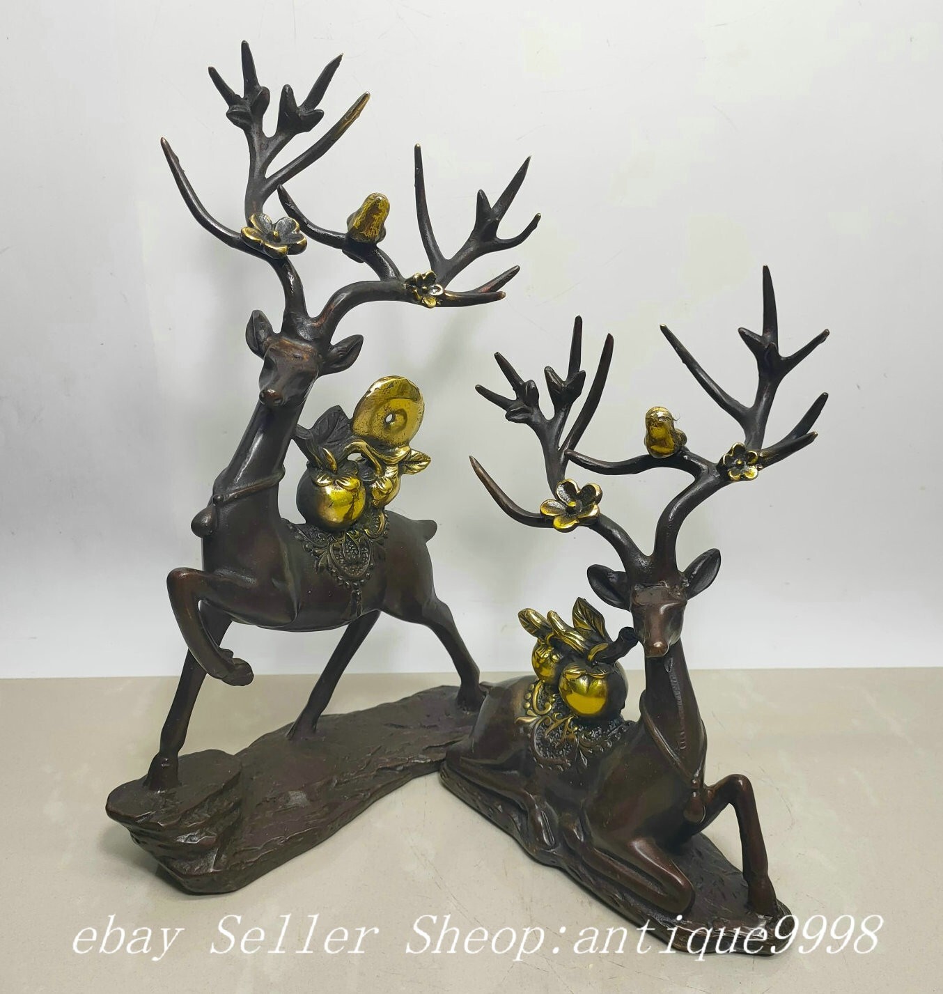 11” Xuande Marked Bronze Gilt Bird Deer Animal Flower Money Coin Statue Pair