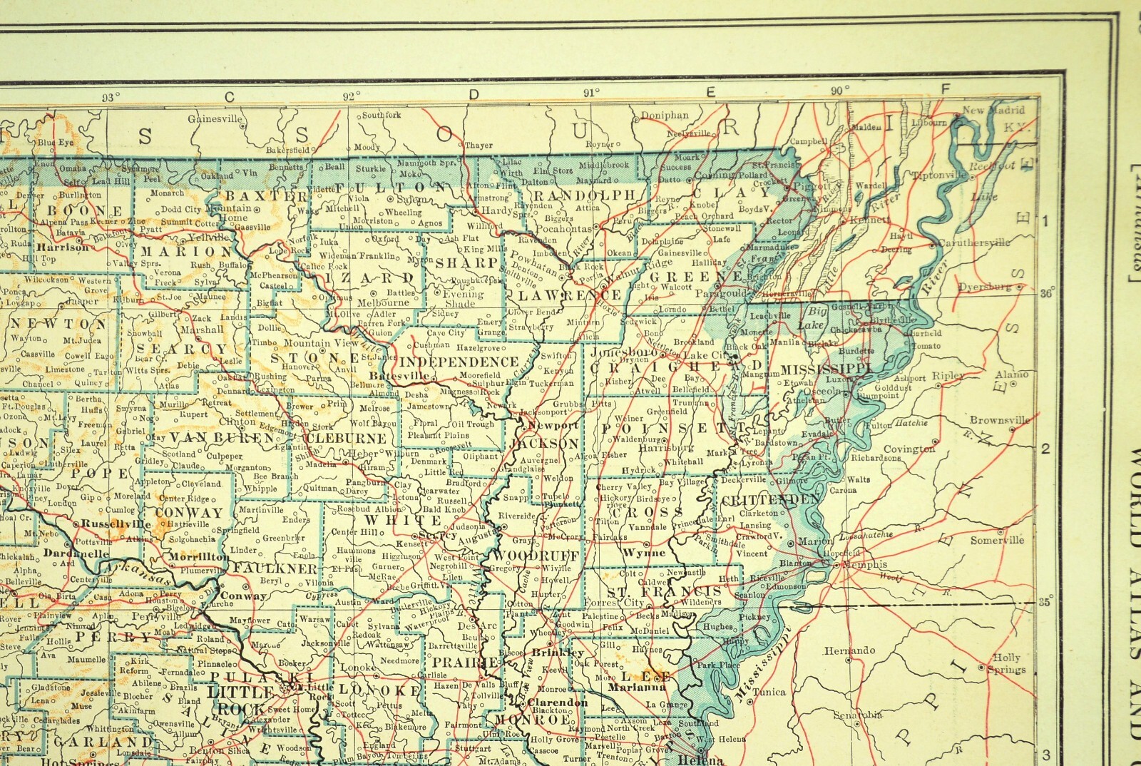Vintage ARKANSAS Map Wall Art Old Original Little Rock Antique DATED 1921