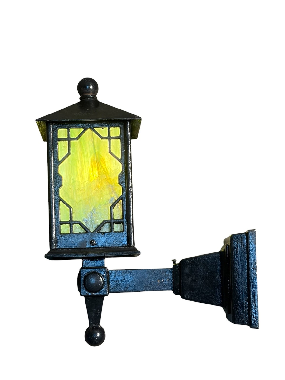 RESTORED Arts and Crafts Porch Light with Black Enamel Paint and Green Glass