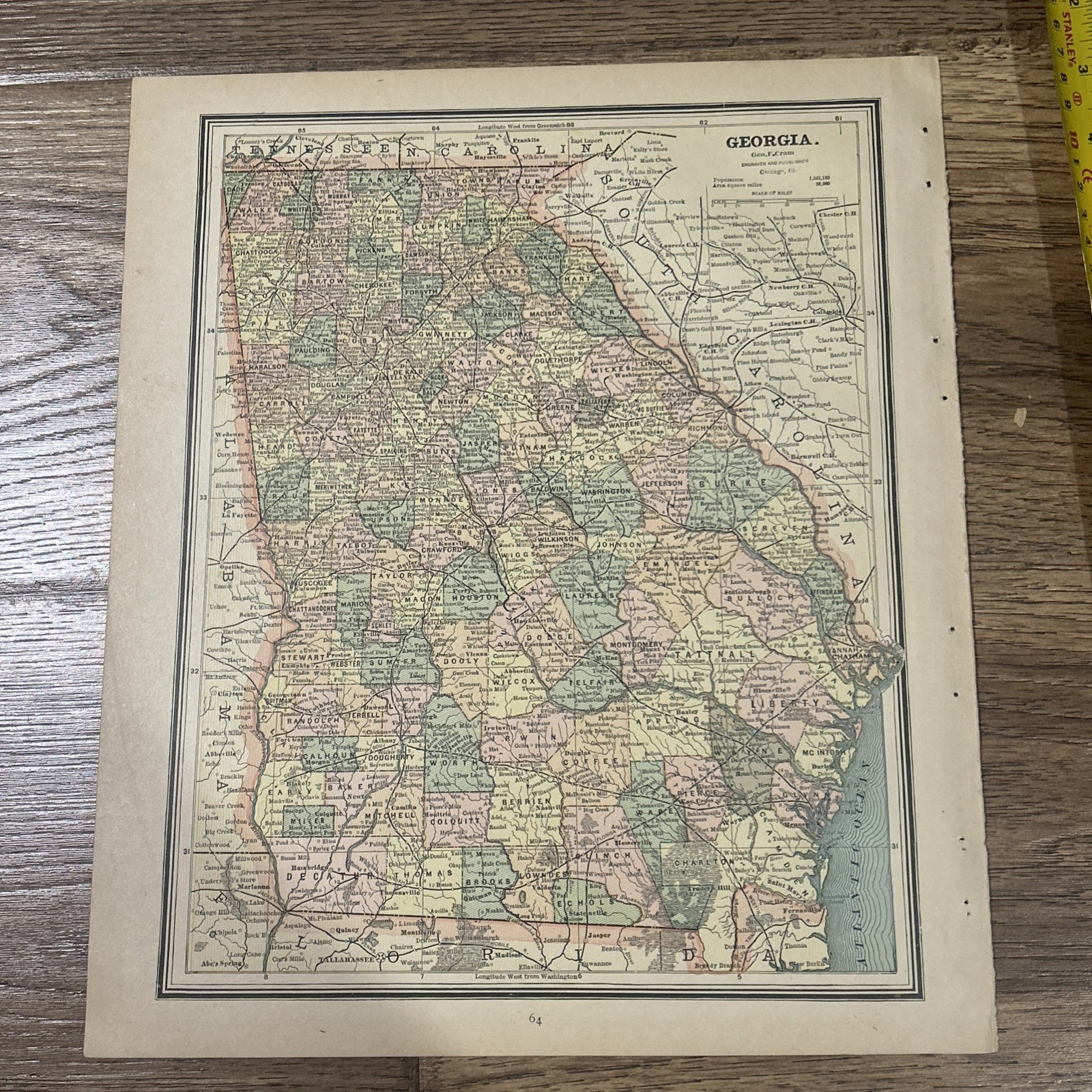 Antique 1887 Map Of Georgia 14”x11”
