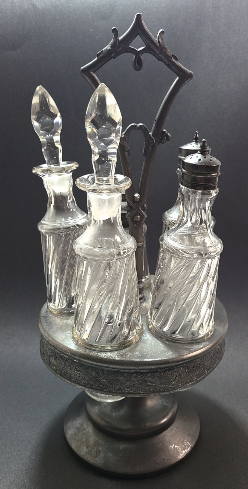 Antique Silverplate Cruet Castor Set 5 Bottle Simpson Hall Miller Glows UV Lite