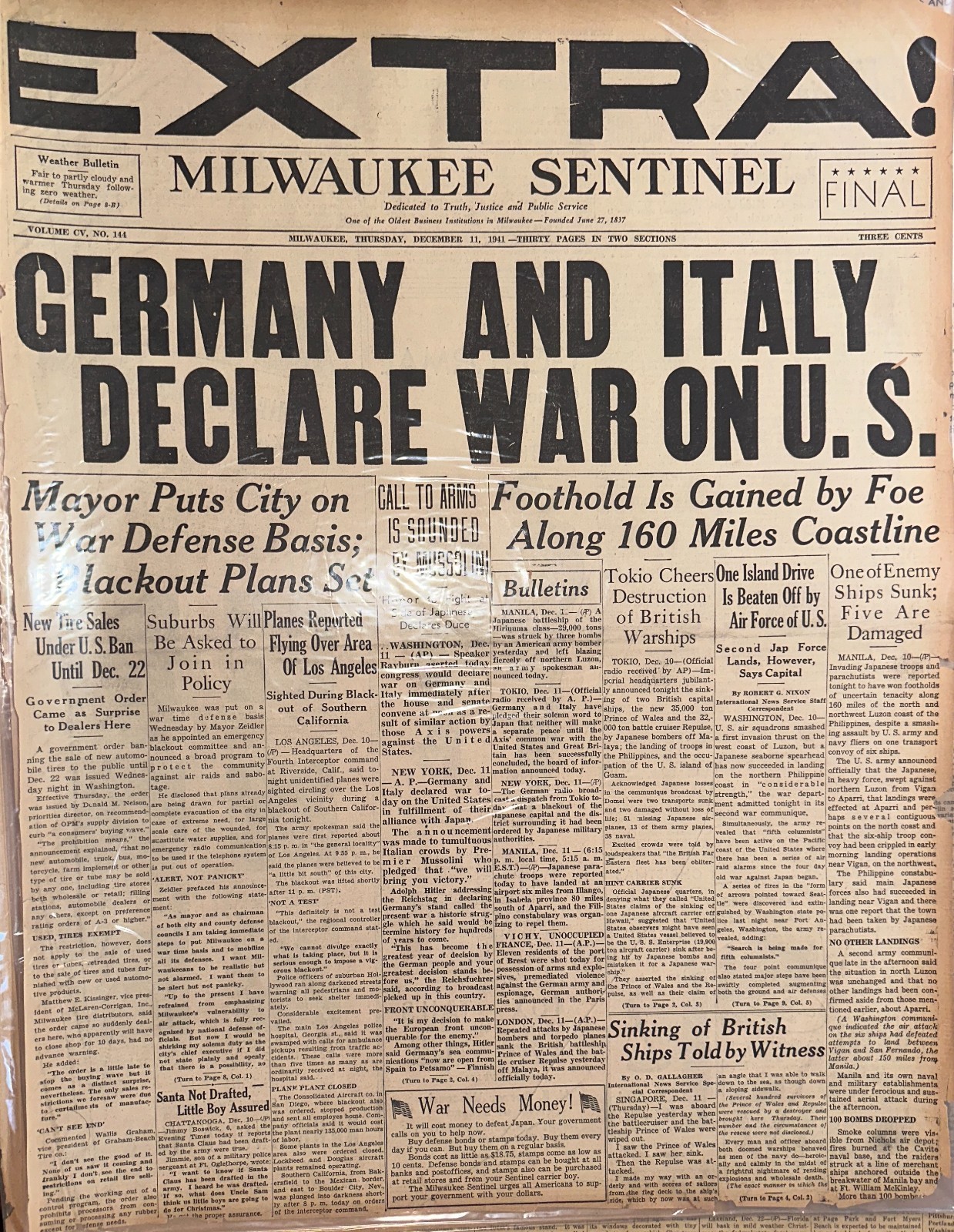 Historic Headline WWII DEC-11-1941 GERMANY AND ITALY DECLARE WAR ON U.S. HH0062