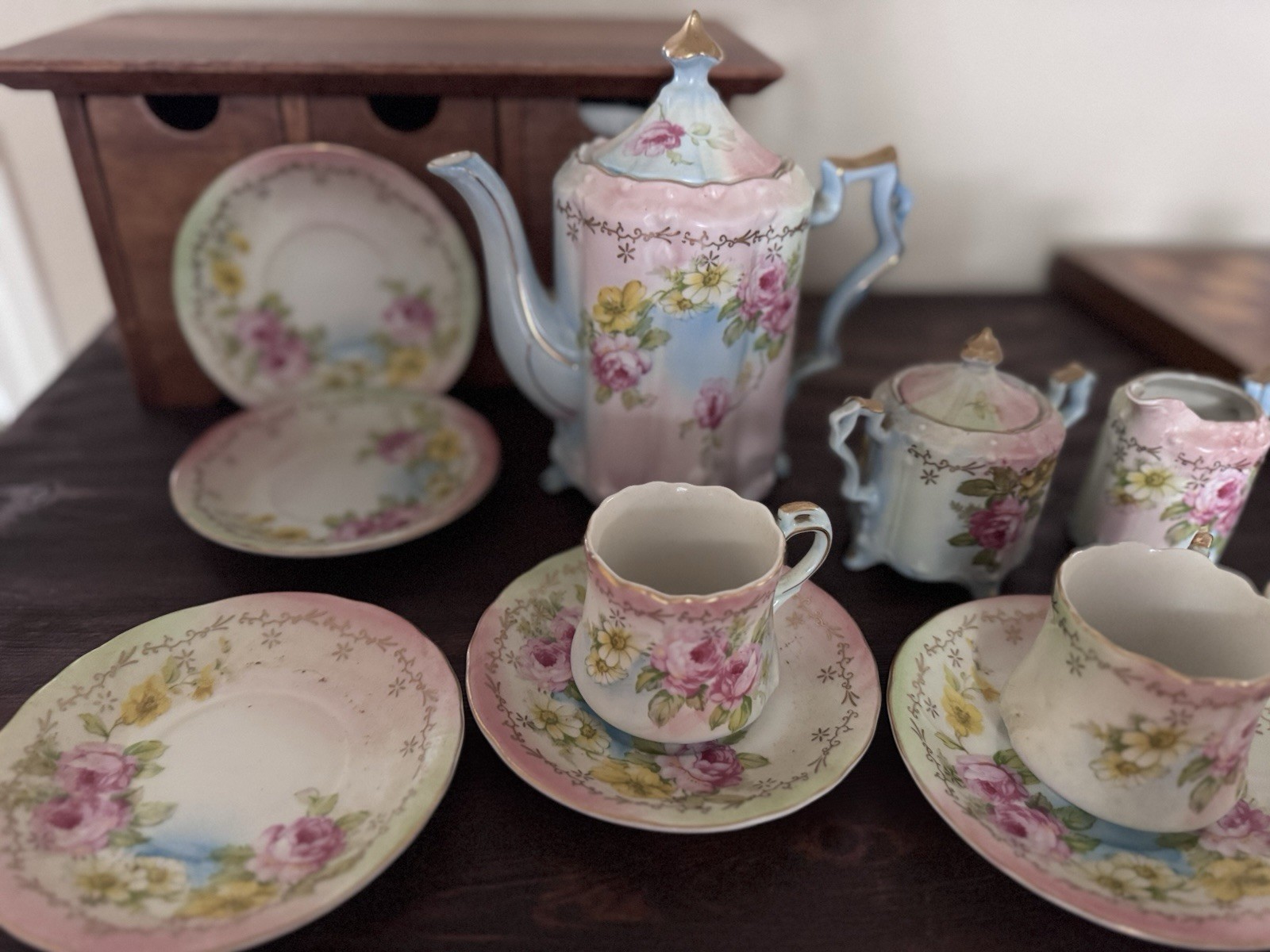 RS PRUSSIA 13 Piece TEA COFFEE Set TEAPOT CREAMER SUGAR BOWL 6 Cups Saucers VTG