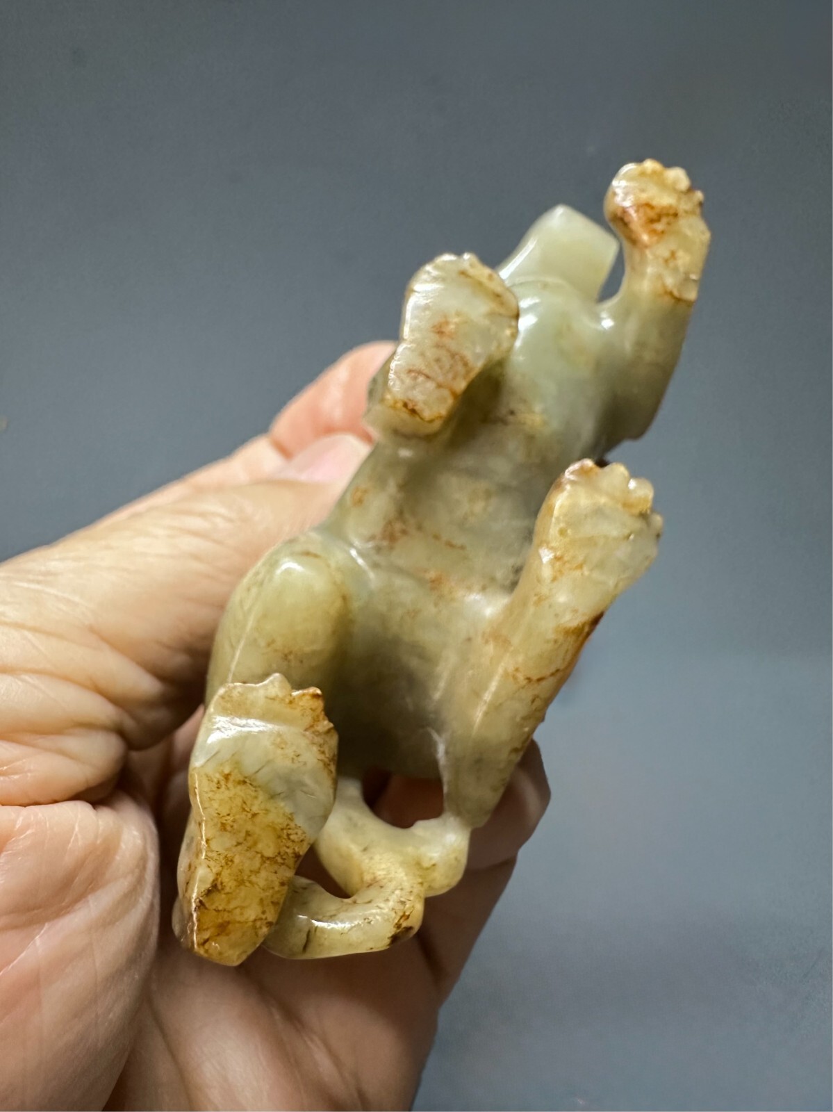 Antique Chinese Ming dynasty carved nephrite jade of Huren riding mythical beast