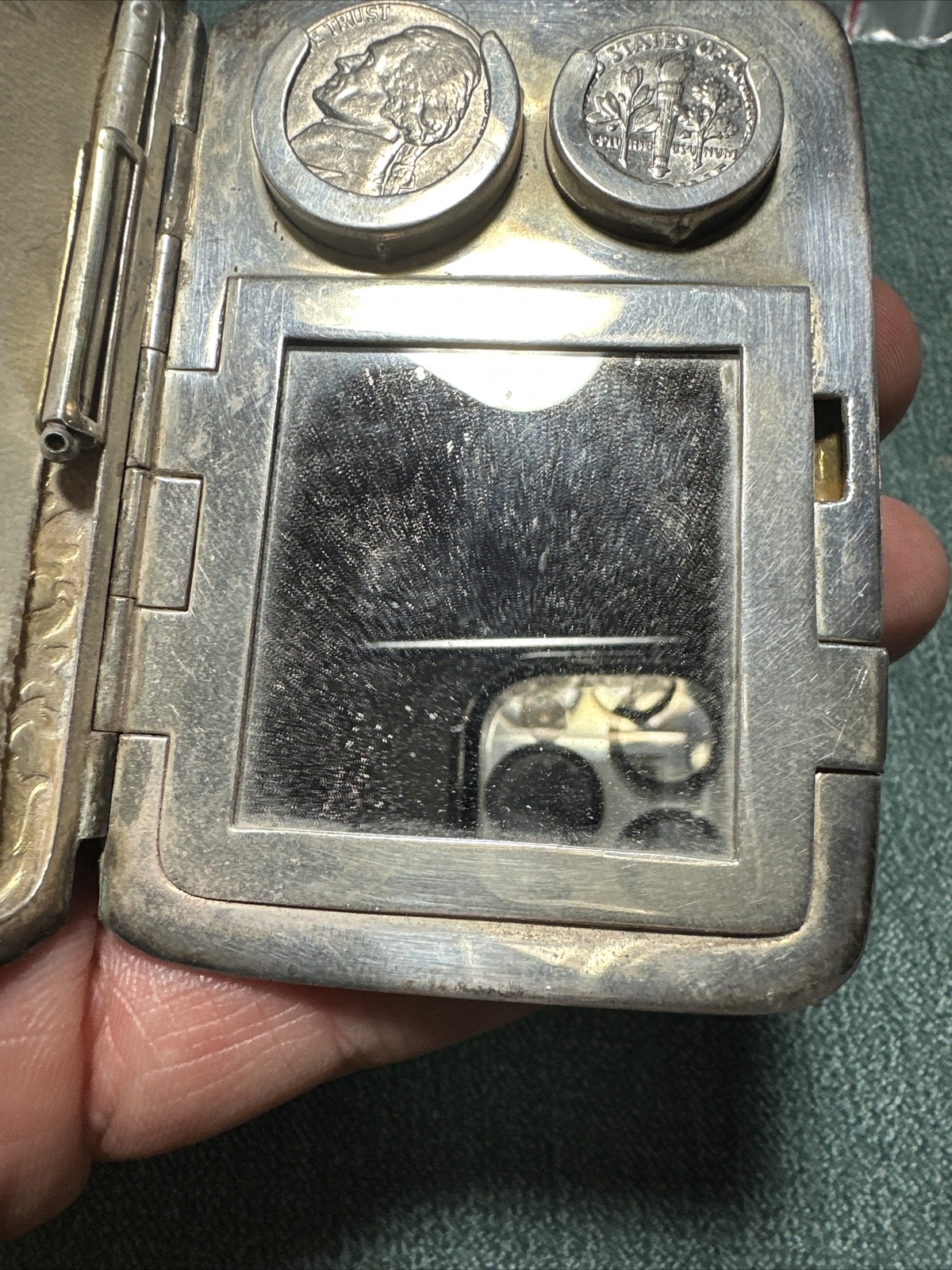 Antique Engraved Sterling Silver Mirror Card Coin Purse Compact Case