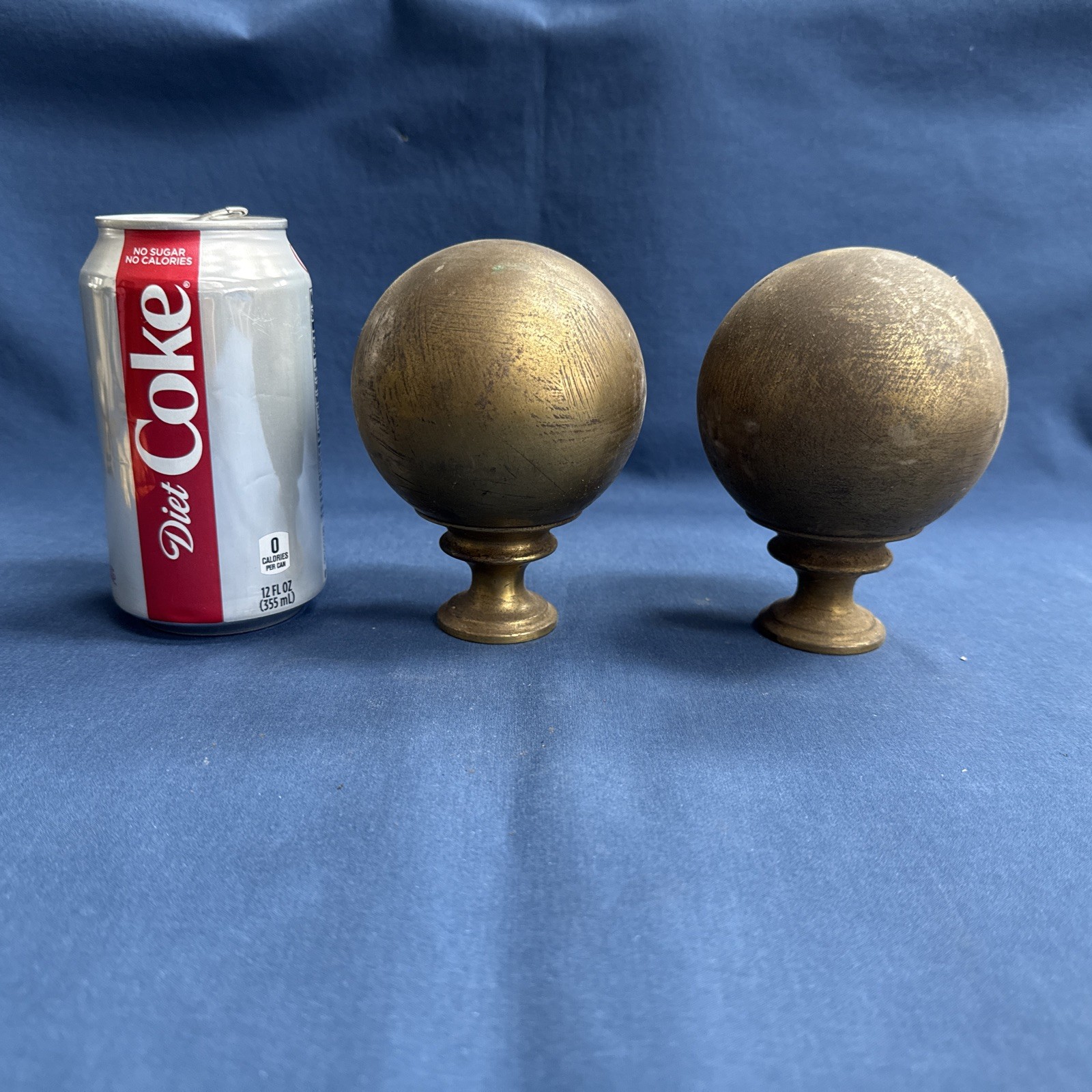 Pair of Vintage Brass Furniture Bed Post Ball Pole Finial Topper Tops Salvaged
