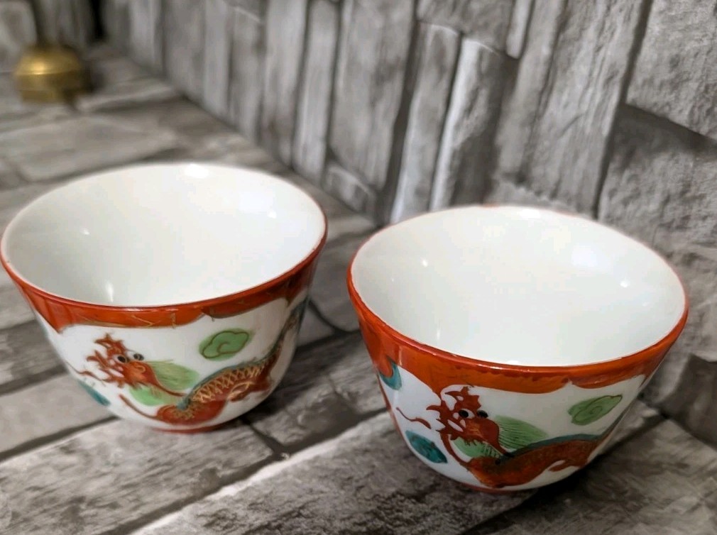 2 Antique Asian/Oriental/Chinese Red Dragon Porcelain/Ceramic 3×2” Rice Bowls