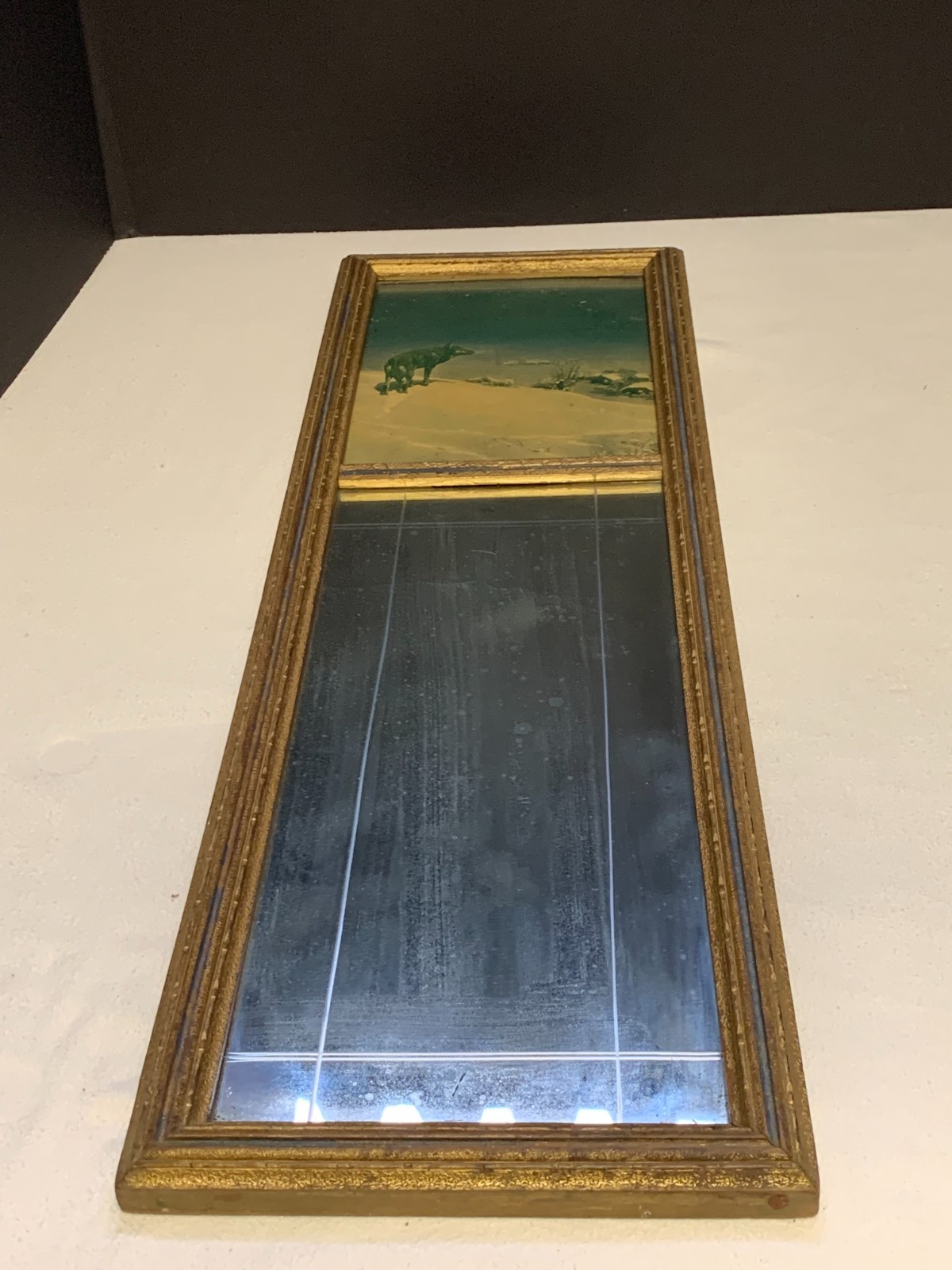 Antique Mirror with print of Lone Wolf Winter Snow Town Western Wood 1926