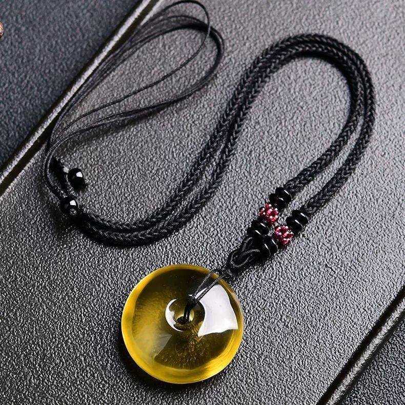 Yellow Citrine Donut Pendant Necklace Pi Disc Amulet Unisex Protection Charm