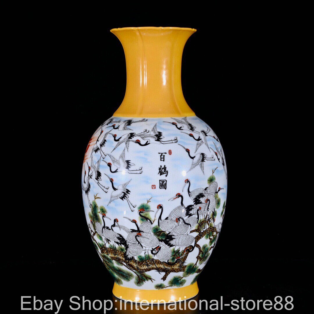 13.6“ Qianlong Marked Old China Pastel Porcelain Palace Crane Word Bottle Vase