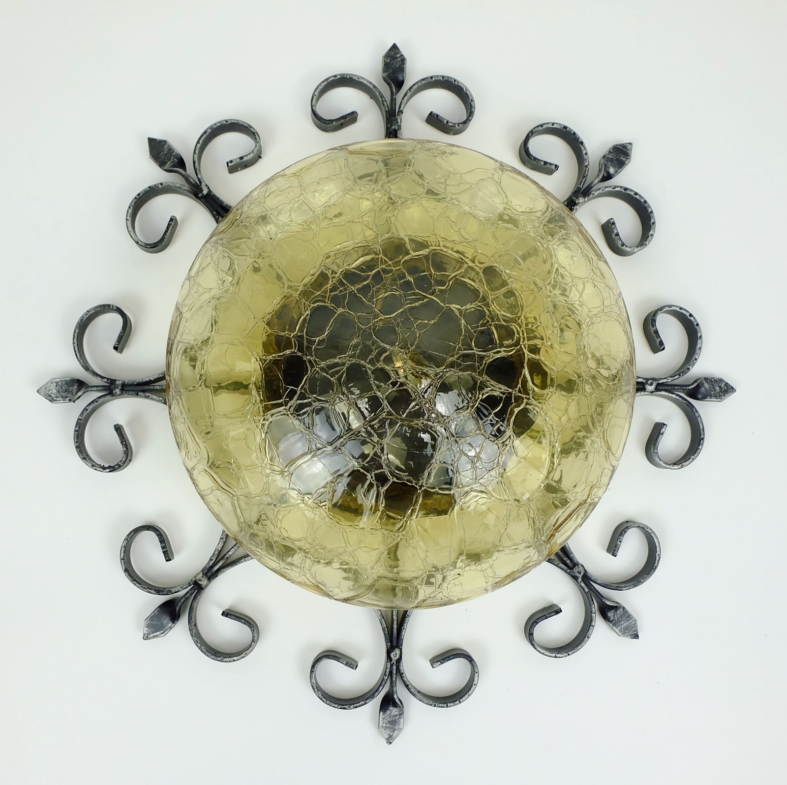 1970’s modernist brutalist wall lamp SCONCE wrought iron and amber glass
