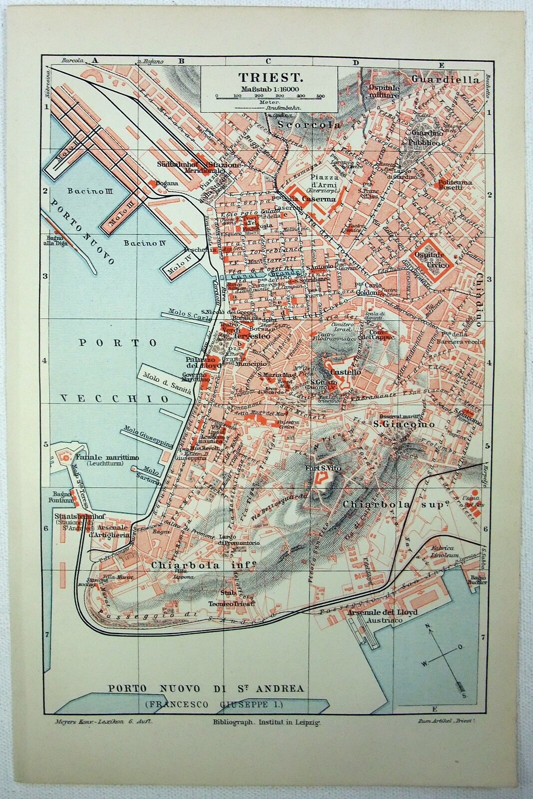 Trieste, Italy – Original 1908 City Map by Meyers. Triest. Antique