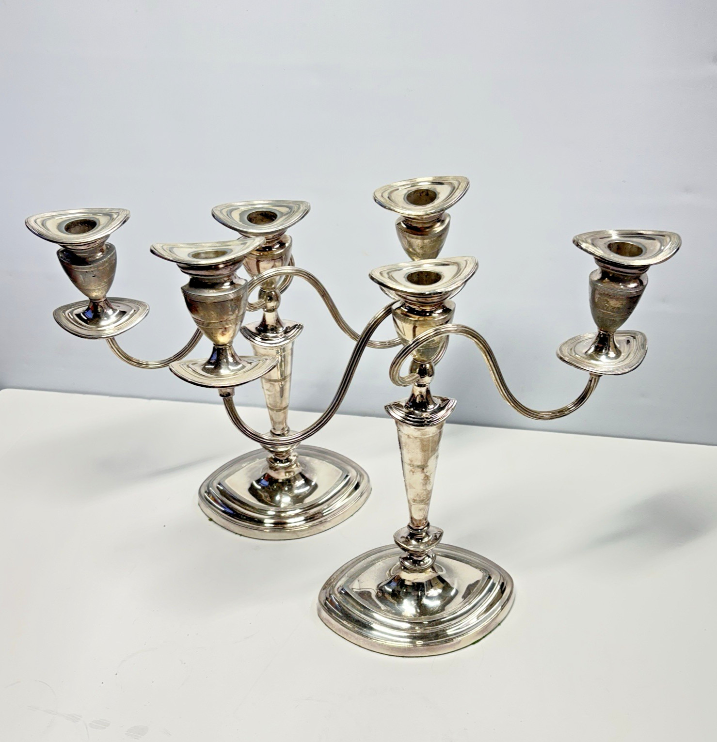 Candleabra Silverplate Pair 3-Part Twisted Arm Candelabras 12″ 2kg x 2 Felt Base