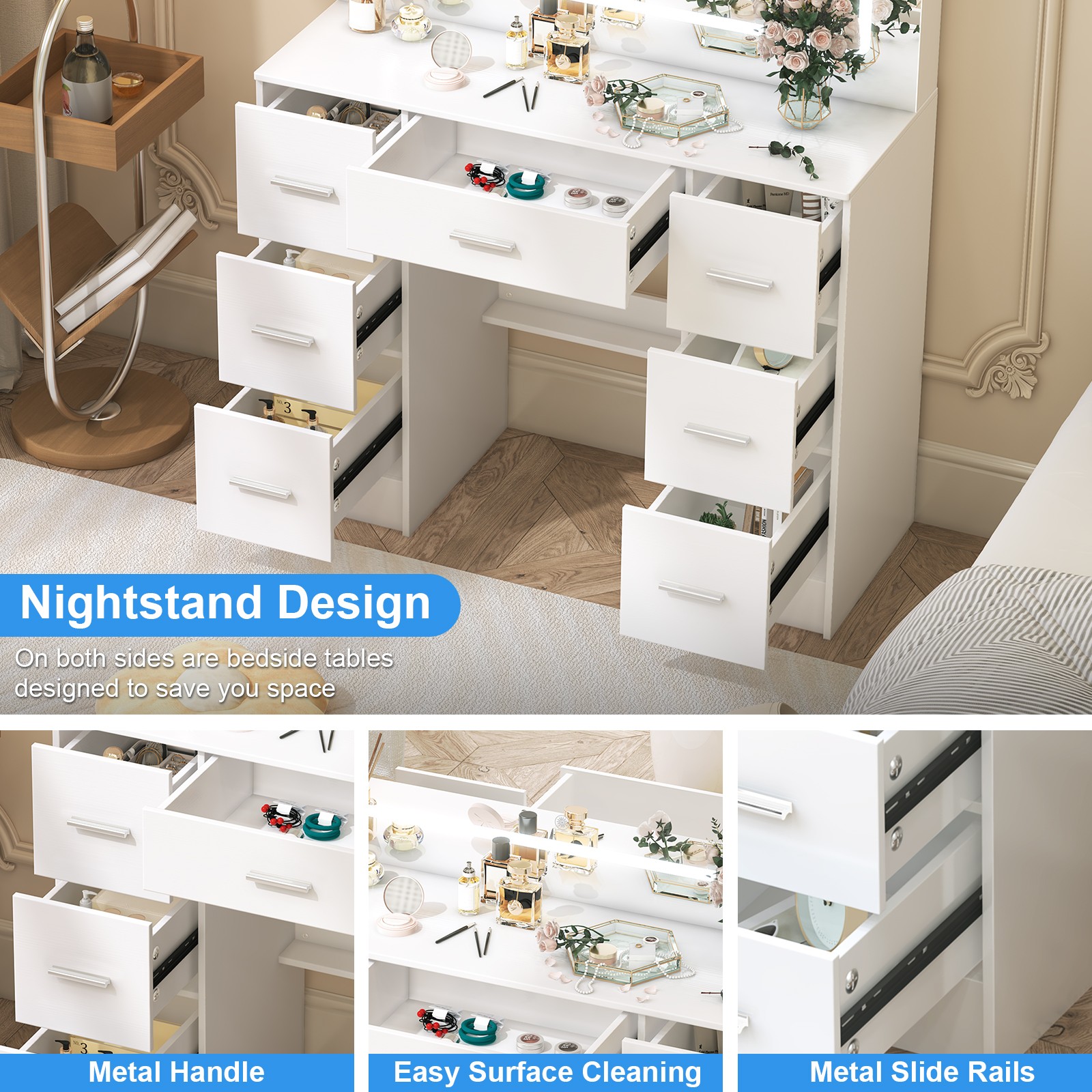 Touch LED Makeup Desk Large Vanity Dressing Table Storage Drawers Mirror