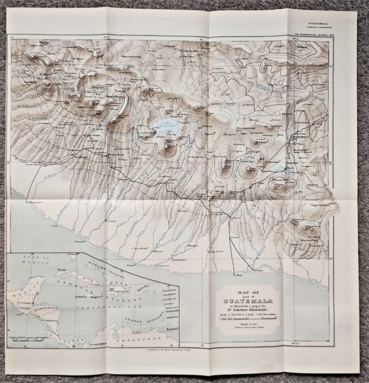 1908 Original Antique Map Showing Part of Guatemala