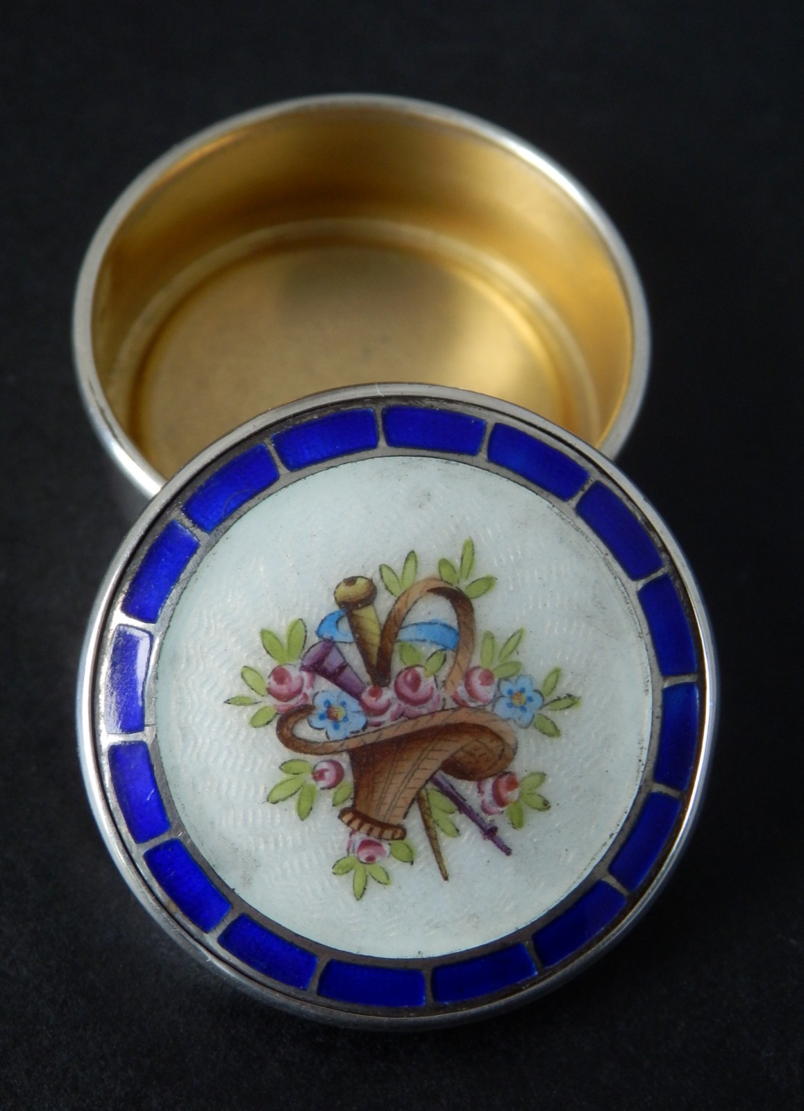 Antique Art Nouveau Solid Silver Guilloche Enamel Pill Box 1908 Levi & Salaman