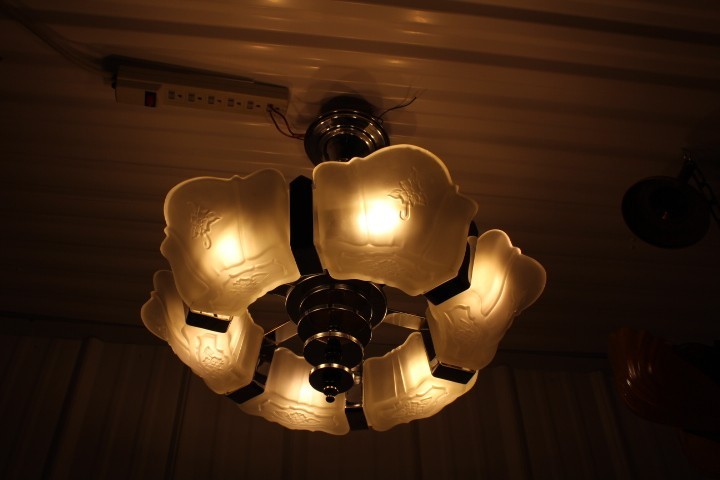 Antique Art Deco 6 Slip Shade Ceiling Light Fixture Chandelier Chrome Frame