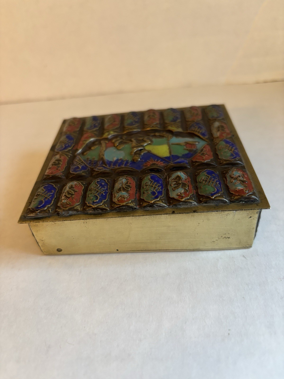 Antique Champleve Brass Cigarette Box Fisherman River Scene
