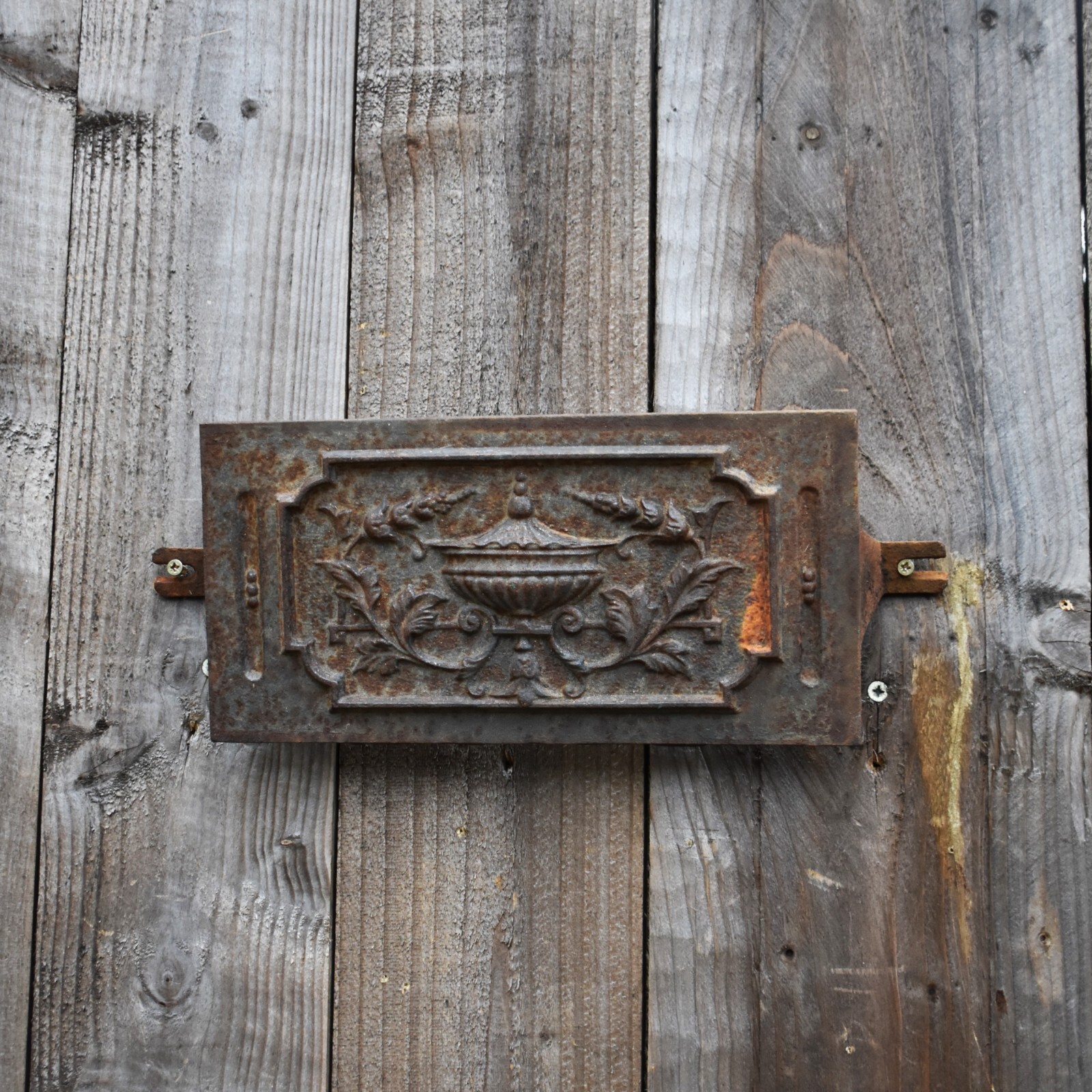 Antique Victorian Salvaged Cast Iron Flower And Urn Wall Plaque Fireplace Panel