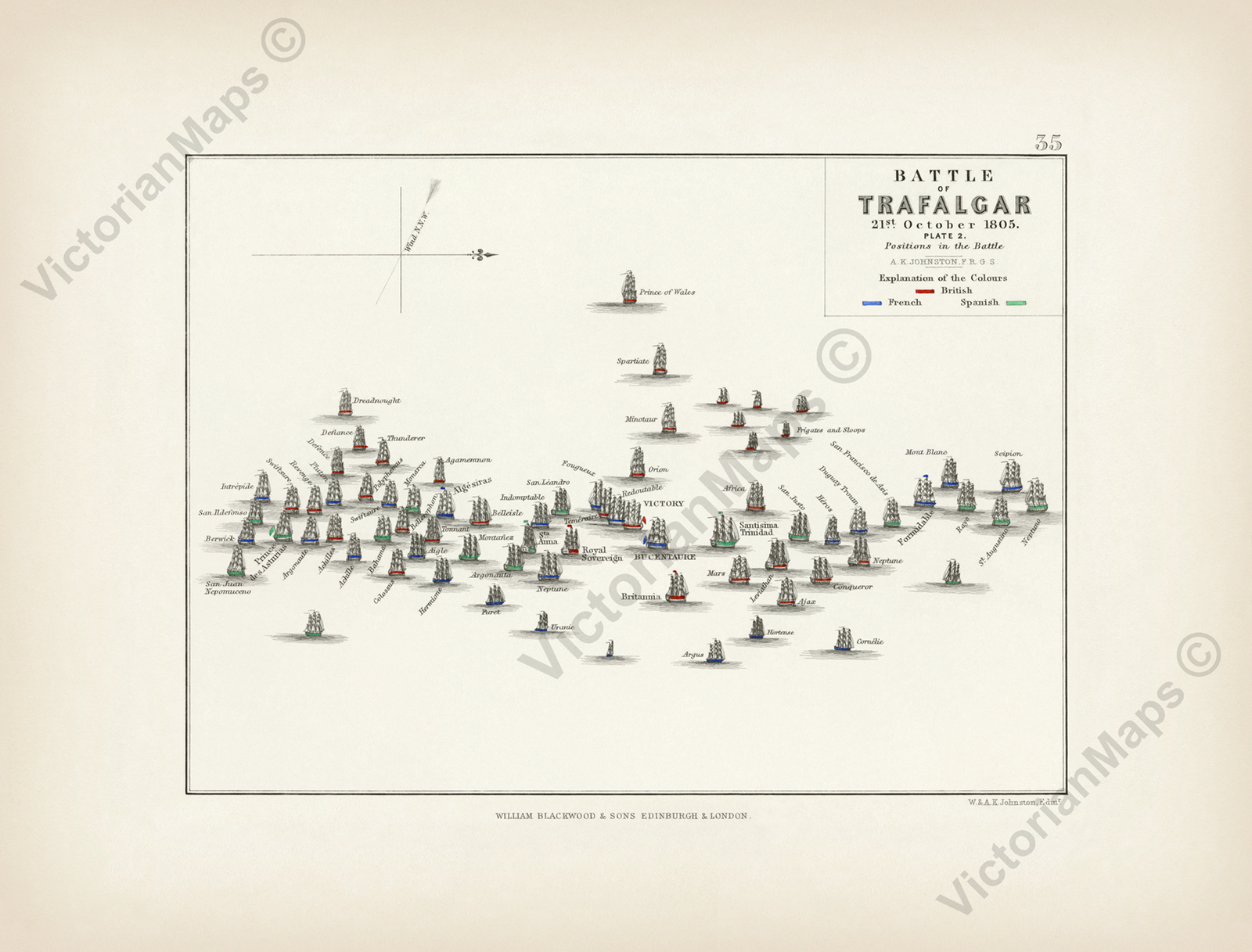 Battle of Trafalgar plan 2 A K Johnston map Alison’s Atlas 1850 art print poster