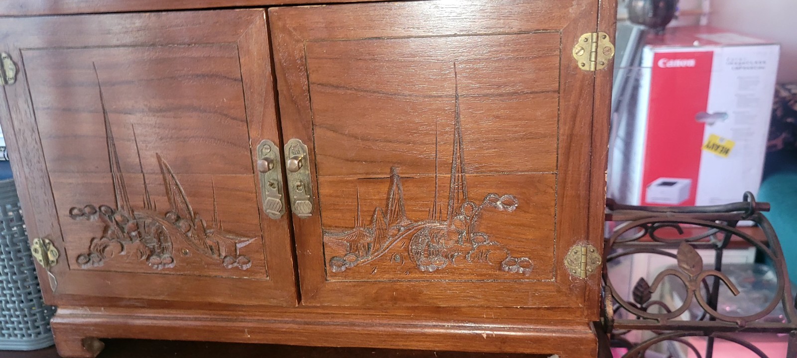 Vintage Asian Secretary Jewelry RARE Box Cabinet Carved Wood Red Velvet Drawers