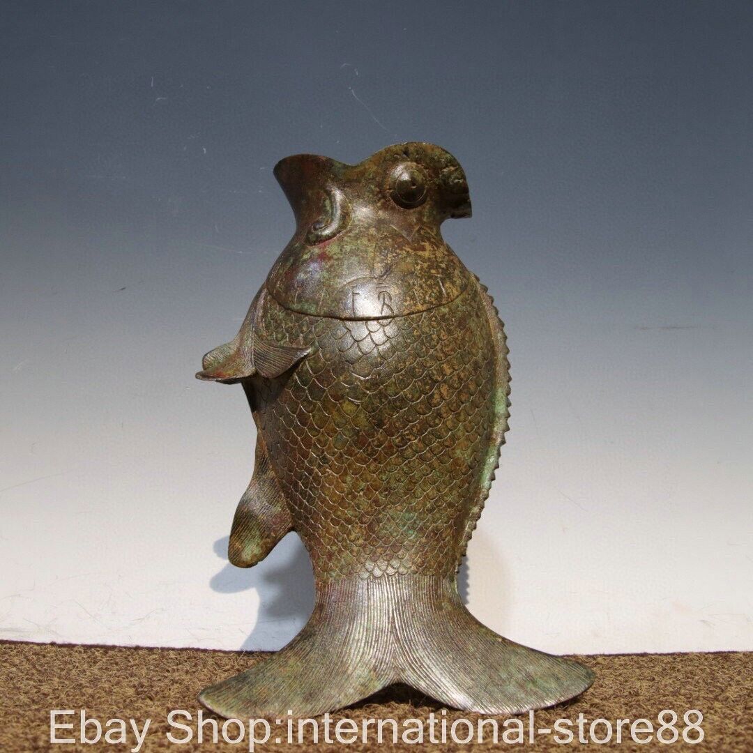 10″ Rare Old China Bronze Ware Gilt Dynasty Palace Fish Beast Wine Vessel