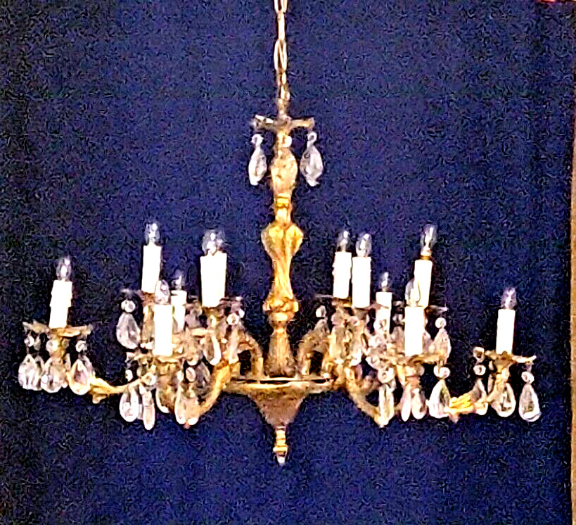 Antique Bronze Brass Ormolu Rococo Gold Gilt 12 Lite Crystal Chandelier Vintage