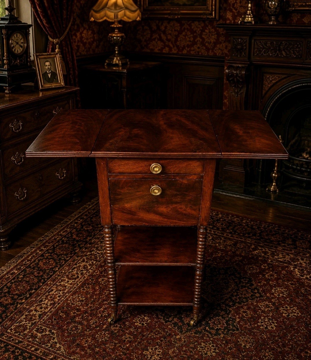Victorian Mahogany Work Table Sewing Table Barley Twist Drop Leaf Antique