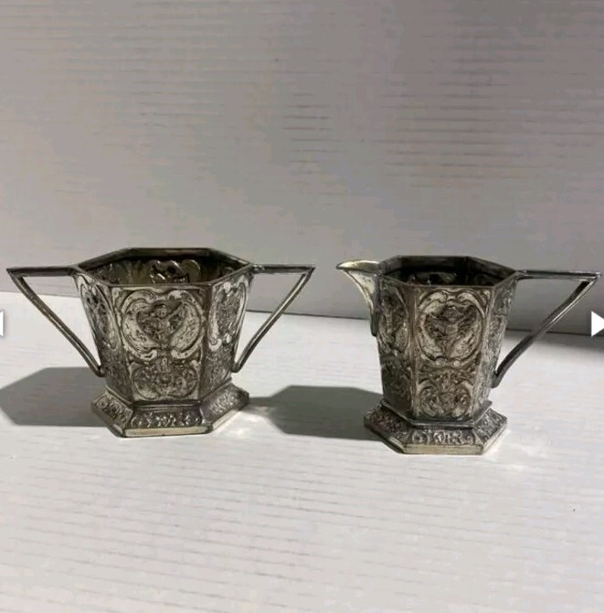 E.G. Webster Rocco Repousse Putti Cherub Gooseneck Teapot Set 1800s Antique