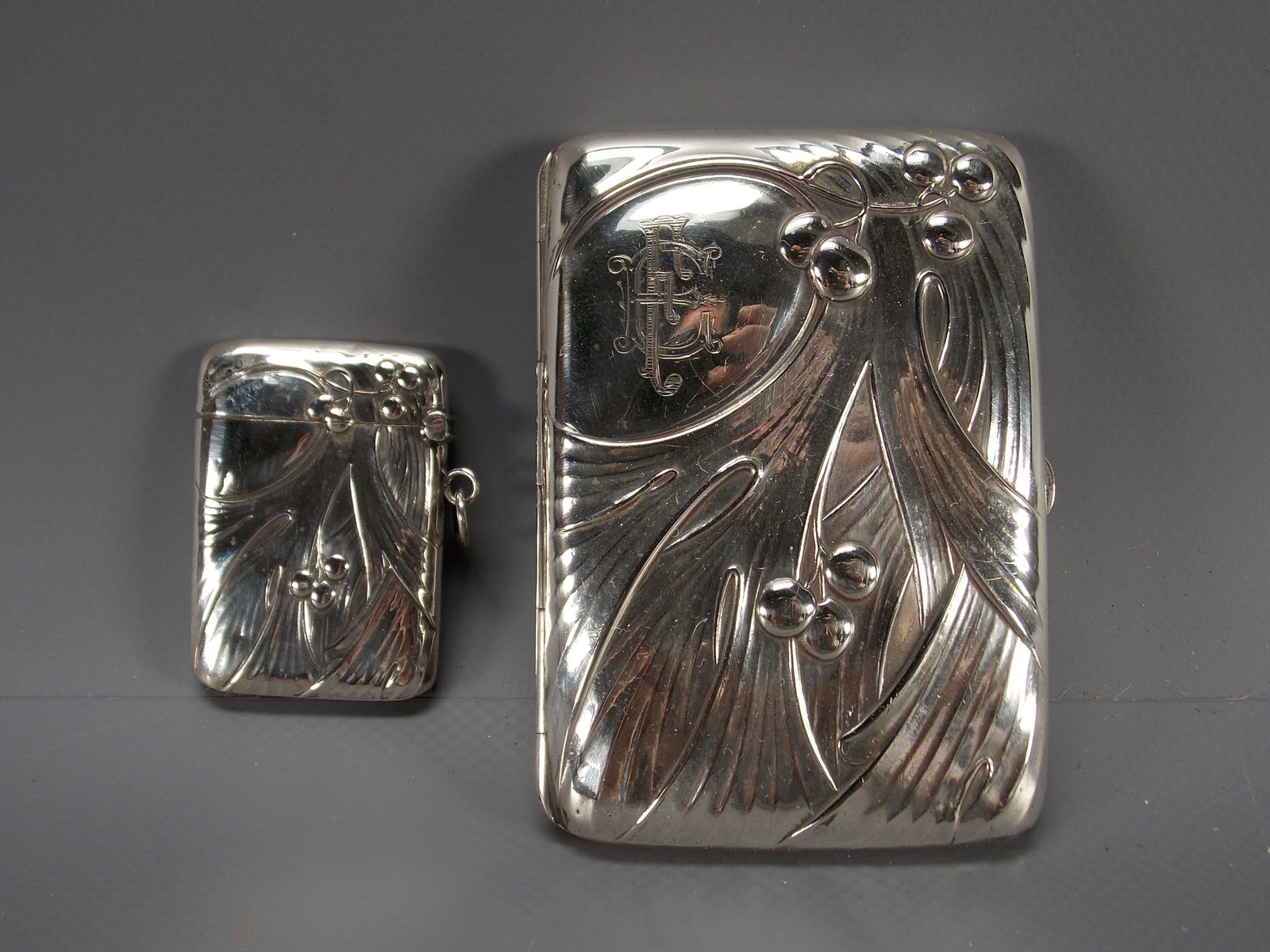 Solid silver match holder & cigarrete case Art Nouveau Stamped vesta safe