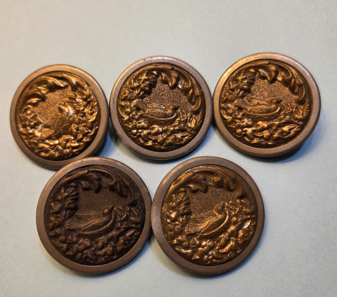 Antique Victorian Metal Picture Buttons – Bird on Nest Large 1.35″ Set of 5