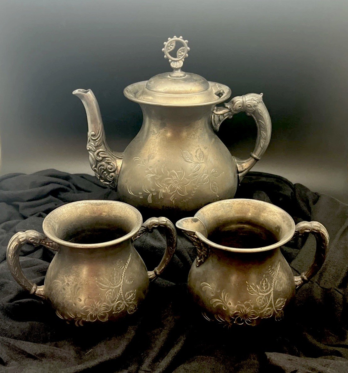 Vtg Rockford Silver Plate Co P.CO. Quadruple Teapot Creamer Sugar Floral Etched