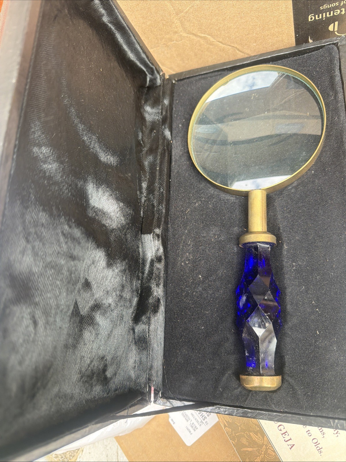 Vintage Magnifying Glass Blue Cut glass Handle 12.5″ Antique