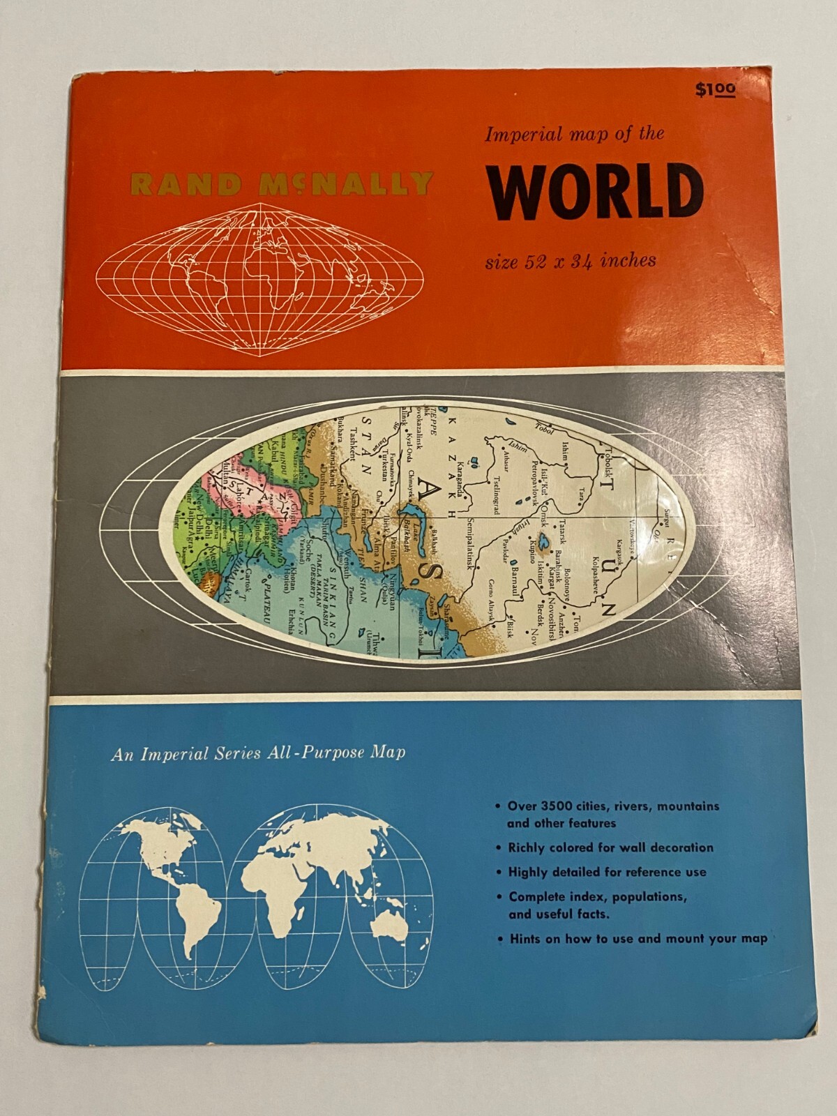 Rand McNally Imperial Map Of The World 1965, 52×34″ – All Purpose Map & Book