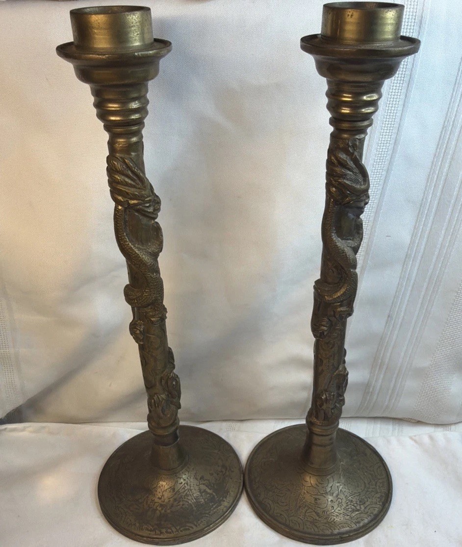 PAIR Vintage CHINESE BRASS CANDLESTICKS 14 Inch DRAGON Wrapped Stem