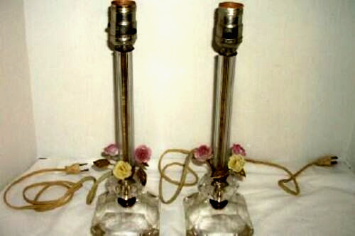 Antique Boudoir Lamps Porcelain Roses French Bronze Ormolu Etched Glass Pair