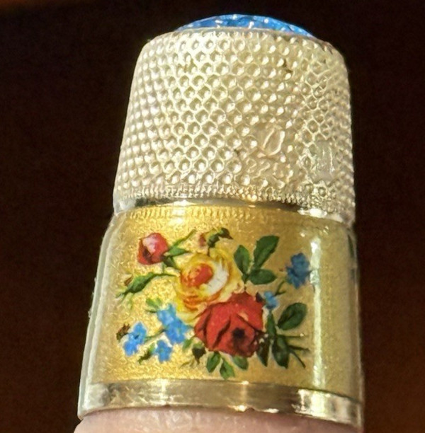 Vintage Sterling Silver Enameled Floral Thimble Sky Blue Glass Top Crown Size 7