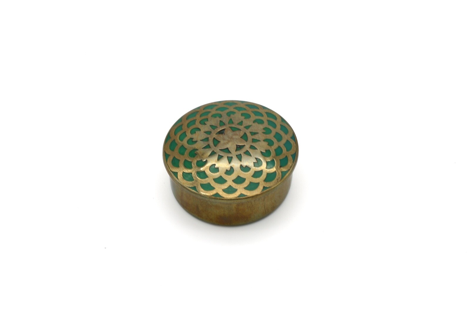 Antique Brass and Green Round Pill or Patch Box