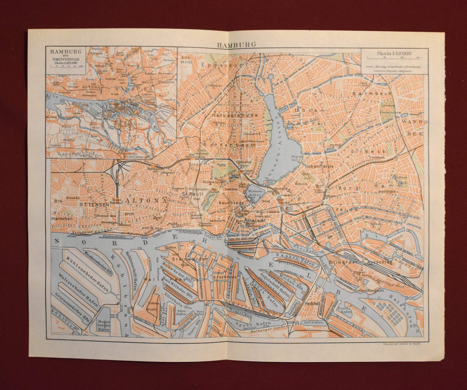 Map of Hamburg ‘Hamburg med Omgivningar’ Swedish Encyclopedia Plate Forlagshuset