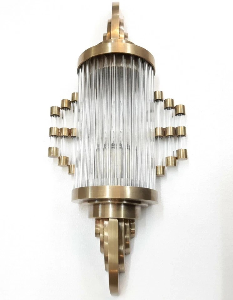 Antique Vintage Art Deco Brass Glass Rod Ship Wall Sconce Light Fixture Nautical