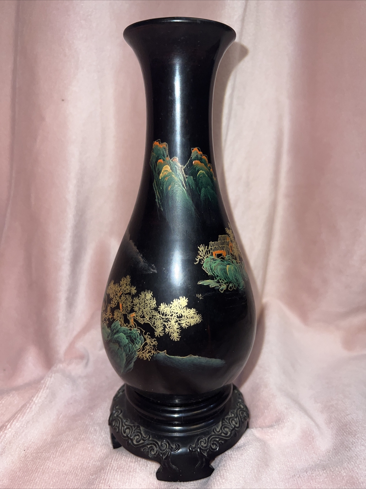 Vintage Foochow Lacquer Vase Black Red Green Gold Fuzhou