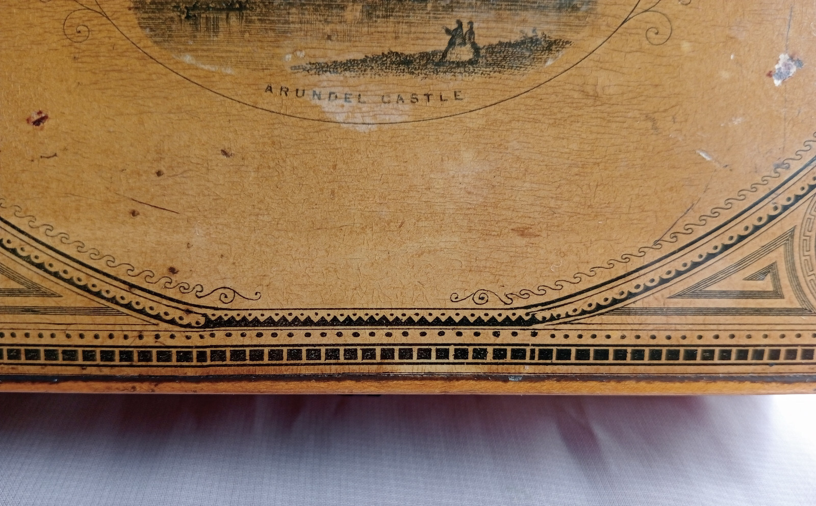Antique Mauchline Ware Patterned Sewing Box Arundel Castle Acorn Orchid Rose