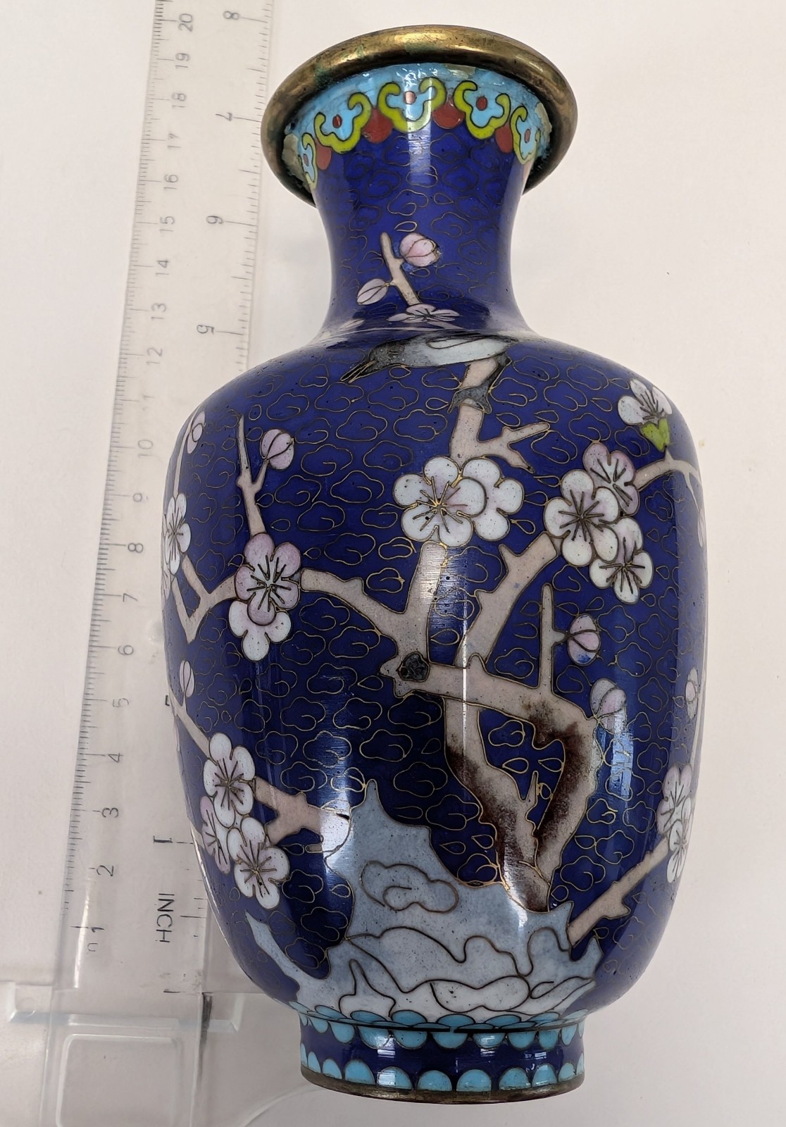 Vintage Floral Cloisonne Bud Vase Blue Enamel Oriental Sakura Decor Small 16cm