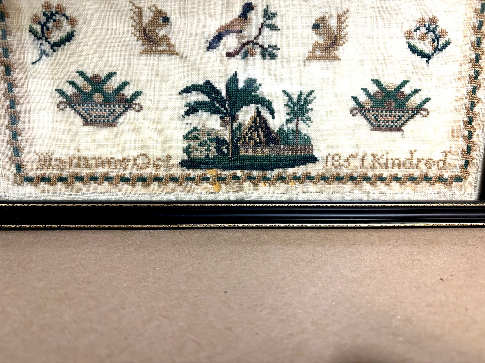Antique October 1851 Framed Under Glass Needlework Sampler by Marianne Kindred