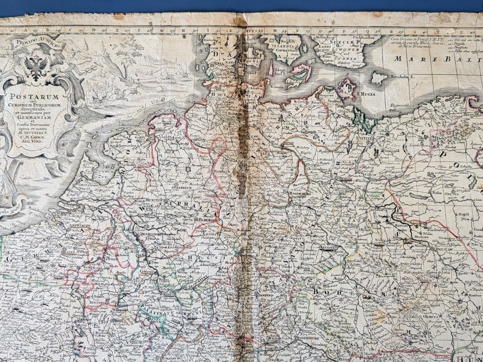 Postarum..Germaniam Seutter Germany Postal Route Map 18thC Original Hand Color