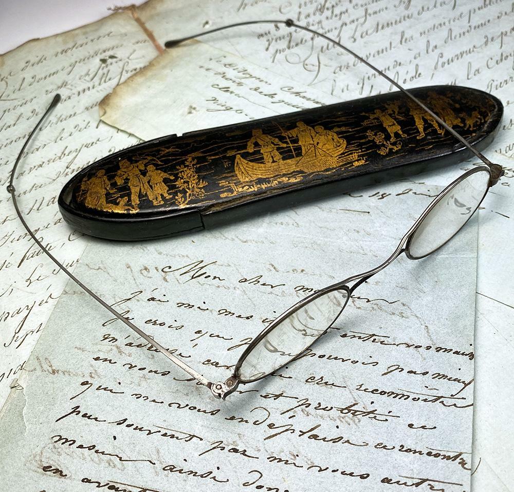 Antique c.1780-1830 Sterling Silver Folding Spectacles, Gold Figural Etui, Case