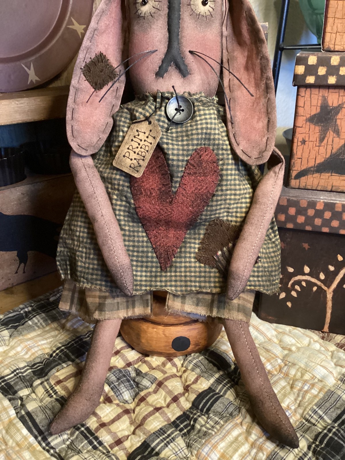 Primitive RABBIT DOLL BUNNY Handmade OOAK Signed Dated THREADBARE PRIMITIVES